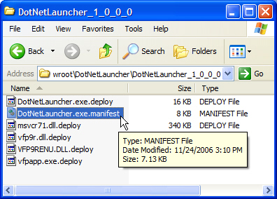 Figure 10: ClickOnce will create a subdirectory in the publish location that contains an application manifest and the application files. ClickOnce copies the application files into this subdirectory and changes their extensions changed to .deploy which makes it easier to grant access to the necessary file types that make up a ClickOnce application on the server. 