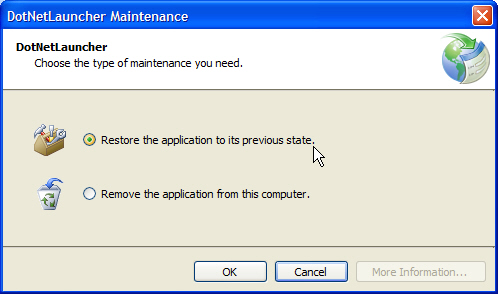 Figure 17: A user can uninstall a ClickOnce application or they can roll the application back to a previous state. 