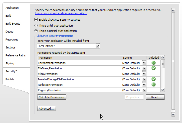 Figure 18: Security settings in ClickOnce are very granular and specific. If a developer is not entirely sure what security settings are required for an application, they can click Calculate Permissions to calculate the minimum permissions required via a static scan of the code paths present in the assembly. 