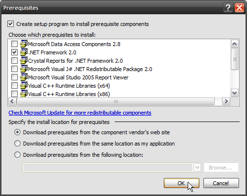 Figure 20: Visual Studio 2005 includes a sparse number of prerequisites. However, you can create and add custom prerequisites if needed. 