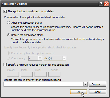 Figure 21: Developers must determine when a ClickOnce application checks for updates. Each of the “when to check for updates” settings has advantages and disadvantages. Choosing to check after an application starts allows you to schedule update checks whereas checking before the application starts ensures that required updates are actually required. 