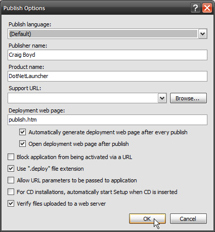 Figure 22: You can use the Publish Options screen to modify many settings, including the Product and Publisher names, which ClickOnce uses as the basis for the ClickOnce shortcut in the user’s Start menu Programs list. 