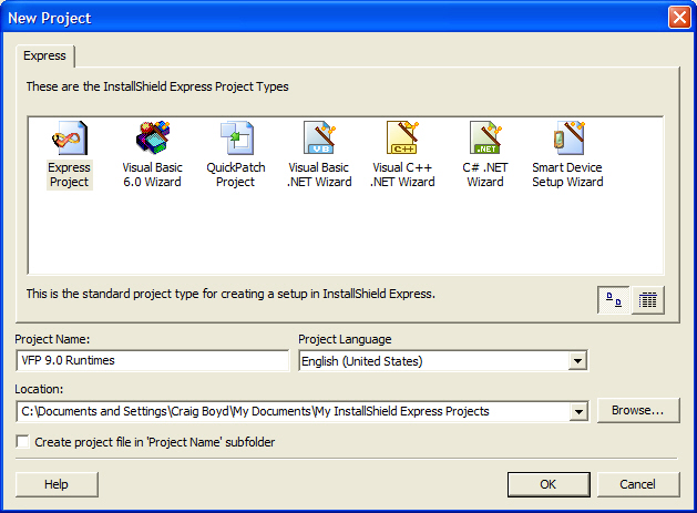 Figure 23: You can use the version of InstallShield Express that comes with Visual FoxPro 9.0 to create an install package when creating custom prerequisites. The first step to creating the required package is to run Installshield Express and create a new Express Project. 