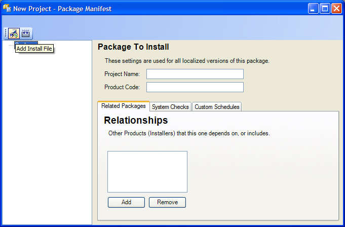 Figure 28: The Bootstrapper Manifest Generator (BMG) allows developers to add the install packages that make up the custom prerequisite to the project. These install packages and the settings made by the developer in the BMG are then used to generate the necessary manifests for the custom prerequisite.  