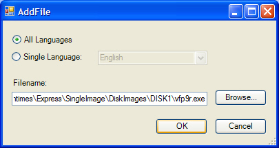 Figure 29: The Add File dialog box allows you to tell ClickOnce where it can locate the install set. You also go here to indicate whether to localize the install set. 