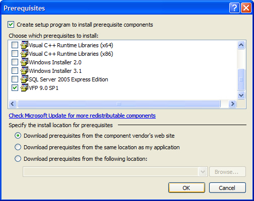 Figure 34: Once the Bootstrapper Manifest Generator has built the project you’ll see the new custom prerequisite in the list on the Prerequisites screen in Visual Studio 2005. You can include the project in the ClickOnce application by selecting the provided check box. 