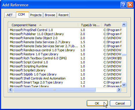 Figure 1: By adding a reference to a COM component, Visual Studio will generate the RCW needed to use the classes the COM component contains. Visual Studio reads the type definitions in the COM type library and converts them into their .NET equivalents. It then builds the .NET equivalents into an assembly that can be used natively in code.