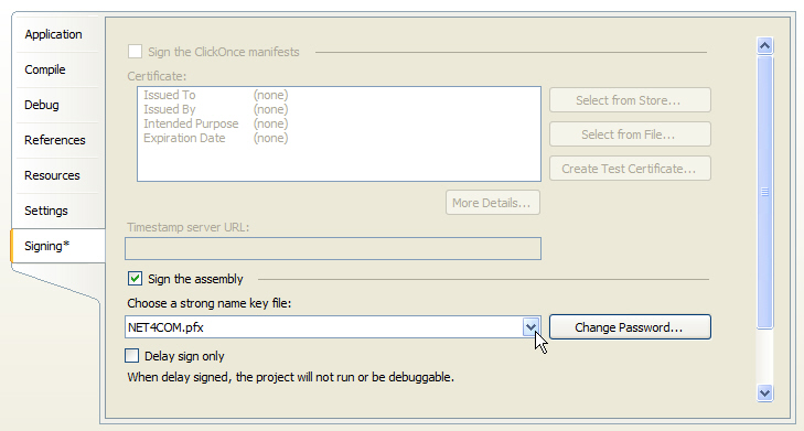 Figure 7: Once you’ve created a strong name key file you can use it to sign an assembly in Visual Studio 2005 by using the Signing page in the Project Properties screen.