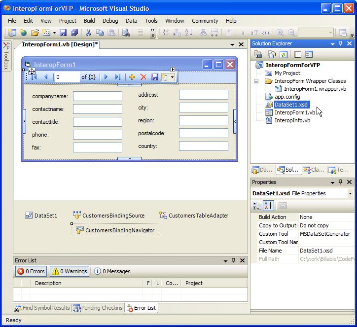 Figure 10: Developers can modify the InteropForm in whatever way they see fit. In this figure I’ve added a Dataset, Toolstrip Container, and Binding Navigator to the form to quickly produce a workable viewer for the Customers table in the Northwind database included with Visual FoxPro 9.0.