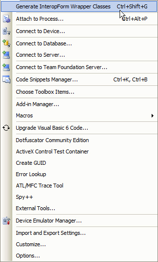 Figure 11: Once the InteropForm is finished, Visual Studio can automatically generate wrapper classes. These wrapper classes contain much of the code that a developer would have to write themselves if they wanted to access a .NET form via COM interop, so having Visual Studio generate the wrappers saves time.