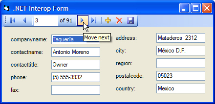 Figure 12: The InteropForm is fully functional when called from Visual FoxPro. Users can navigate the Customers table and all elements on the screen refresh when moving between records. However, drilling down into the form to the contained controls from Visual FoxPro requires additional effort and code.