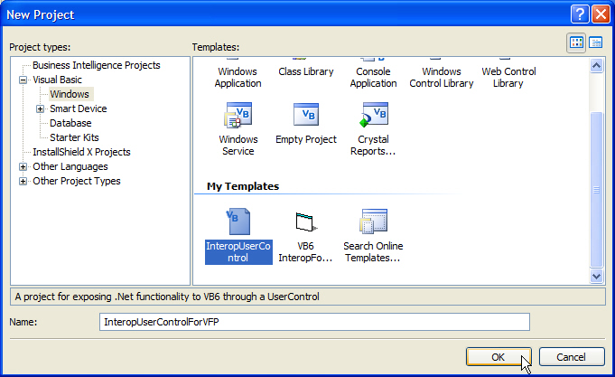 Figure 13: Once you’ve unzipped the Interop UserControl Prototype into the proper location, Visual Studio will provide the InteropUserControl project template to quickly create a COM-visible usercontrol (ActiveX) in Visual Studio 2005.