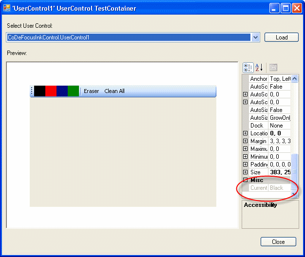 Figure 2: Running the UserControl project in Visual Studio 2005’s TestContainer.