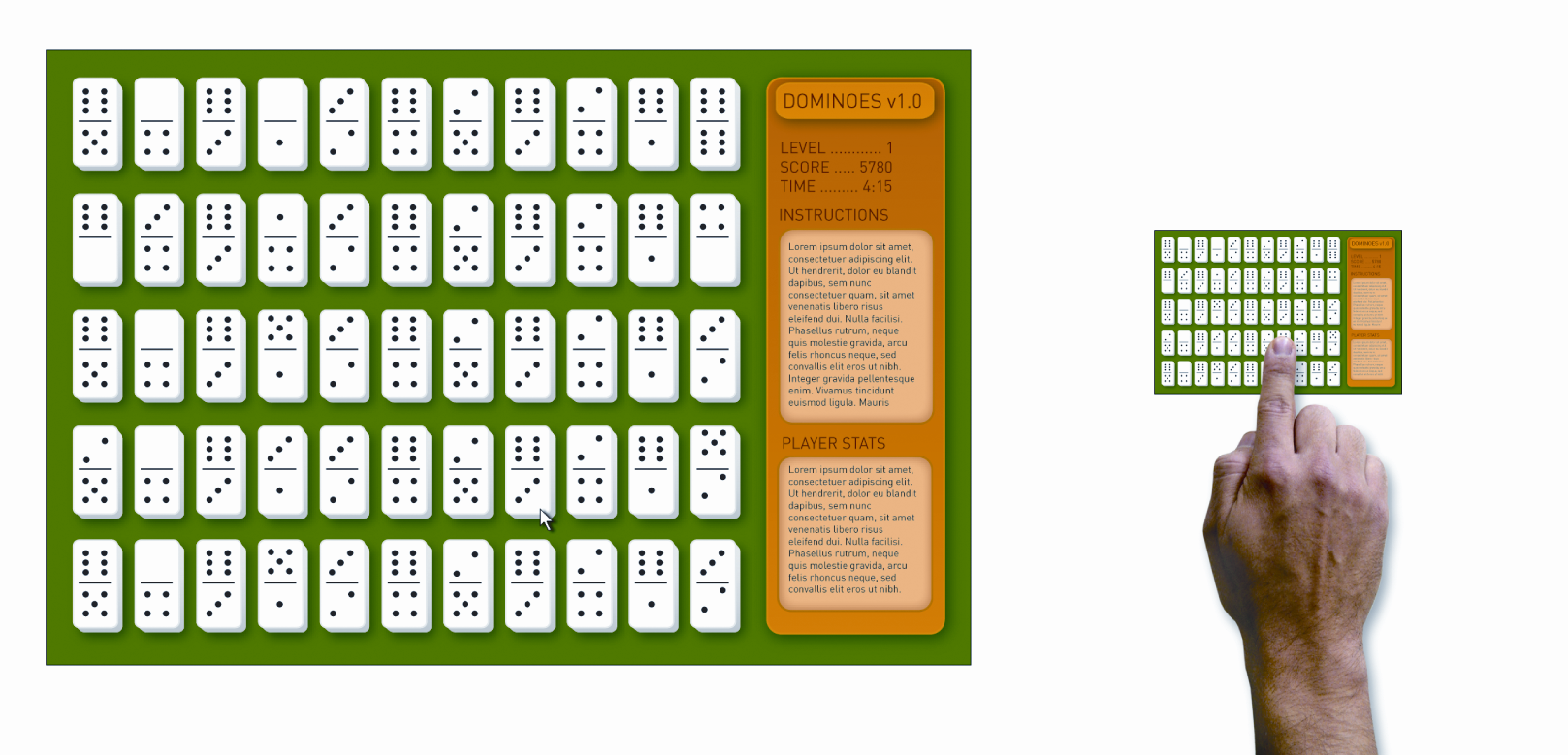 Figure 1. On a 20-inch PC monitor (left), the user can easily identify and select a domino using the arrow cursor. When the domino images are scaled to fit on a five-inch UMPC screen (right), however, it becomes very difficult for users to select individual dominoes, or even to identify how many dots are on each domino.