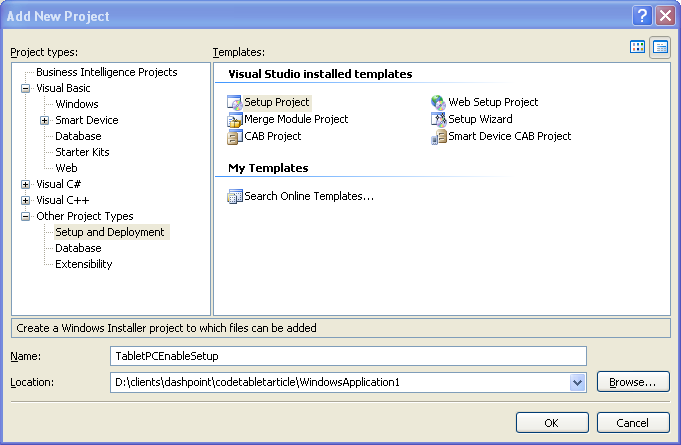Figure 1: Creating a new Setup Project in Visual Studio 2005.