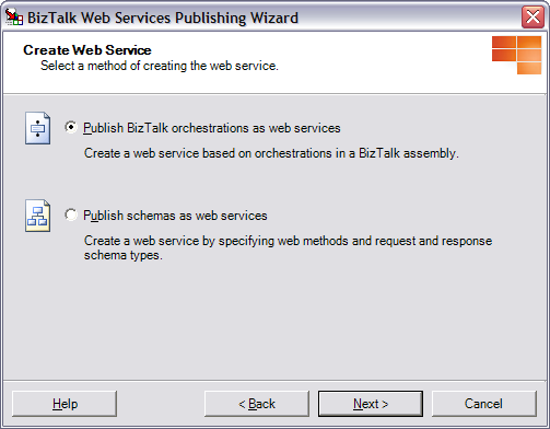 Figure 19: Using the BizTalk Web Services Publishing Wizard, an Orchestration can be easily exposed as an ASMX SOAP endpoint.
