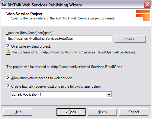 Figure 20: Publishing details such as location, security, and BizTalk Application are configured via the BizTalk Web Services Publishing Wizard.