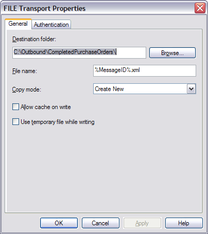 Figure 23: The FILE Transport Properties dialog box allows you to specify the destination folder for file drops.