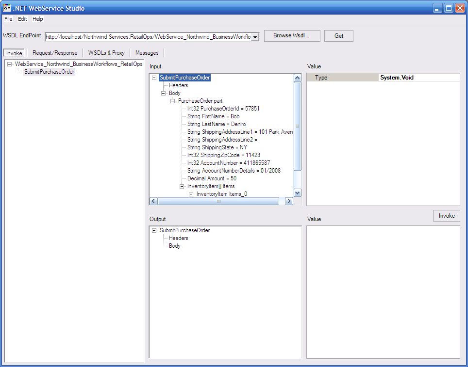 Figure 25: Generating a UI wrapped proxy for the SOAP endpoint exposed by the SendPO Orchestration using .NET Web Services Studio, a free tool for testing SOAP Web Services.