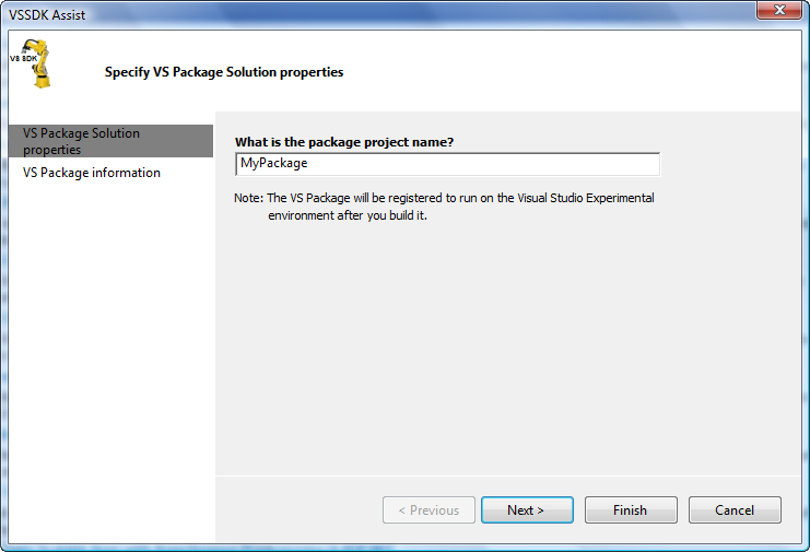 Figure 2: VS Package solution creation wizard page 1.