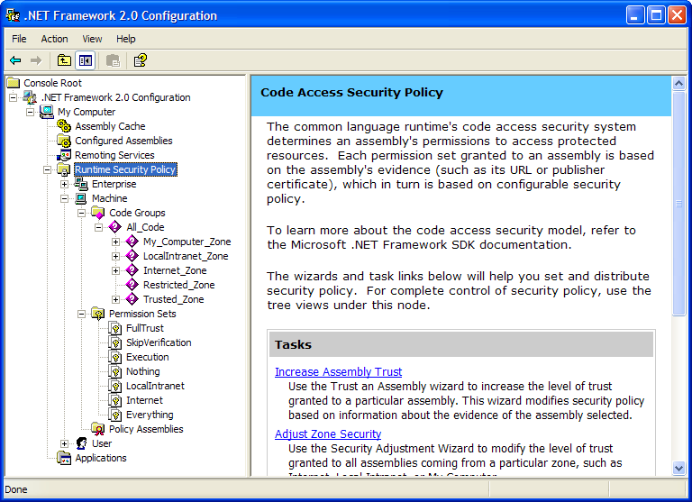 Figure 1: The .NET Configuration Tool lets you define the security policy for the local machine and current user. It shows three of the four available policy levels. 