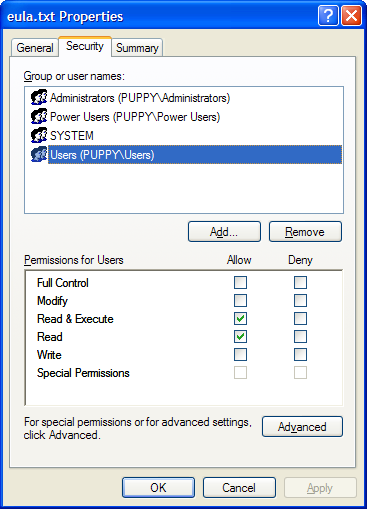 Figure 3: Microsoft allows just about everyone who can log into Windows read access to eula.txt, as shown in this properties dialog box for the file. In particular, members of the Users group can read the file.