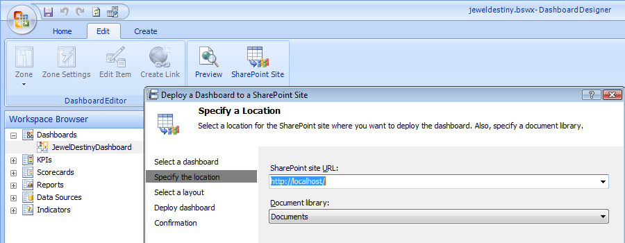 Figure 27:  Deploying the dashboard to a SharePoint site.