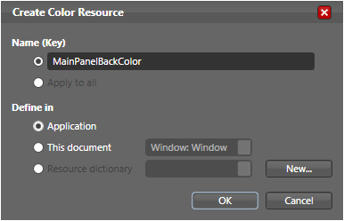 Figure 11:  The Create Color Resource dialog box allows you to create a resource that can be reused at the application level, document level, or as a resource dictionary that can be accessed by multiple projects.