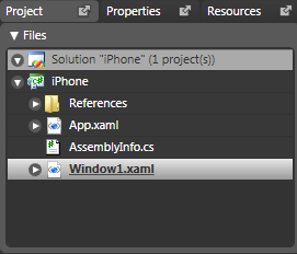 Figure 3:  The Project palette is equivalent to the Project window in Visual Studio. It displays the files included in your WPF project.