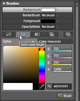 Figure8:  The Brushes category of the Property Palette allows you to specify a solid brush, gradient brush, tile brush, or brush resource to set various properties such as Background and Foreground.