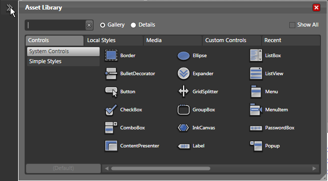 Figure9:  The Asset Panel is equivalent to Visual Studio’s Toolbox. It allows you to add standard or custom WPF controls to your design surface.