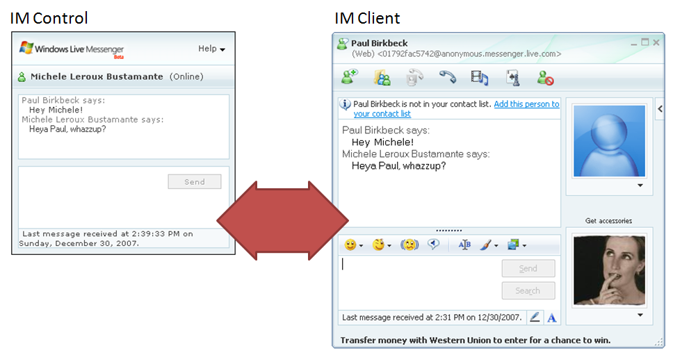 Figure 4: Communications between the IM Control hosted on a Web site and the traditional messenger client.