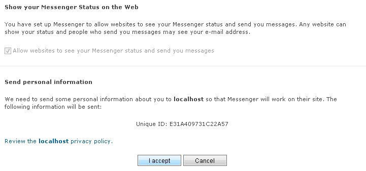 Figure 5: During the Windows Live Web sign-in process, users are asked to enable their presence and to confirm that they will share their messenger ID with the site they are visiting.
