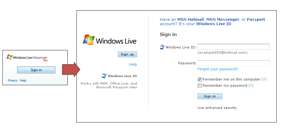 Figure 6: The SignInControl (shown left) allows users to log in to their Windows Live account at the <a href=