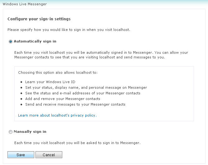 Figure 7: Users have an opportunity to configure their sign-in settings with Windows Live ID. The Web site clearly states what the requesting host application will have access to, and provides a link to the privacy policy specified in the SignInControl constructor.
