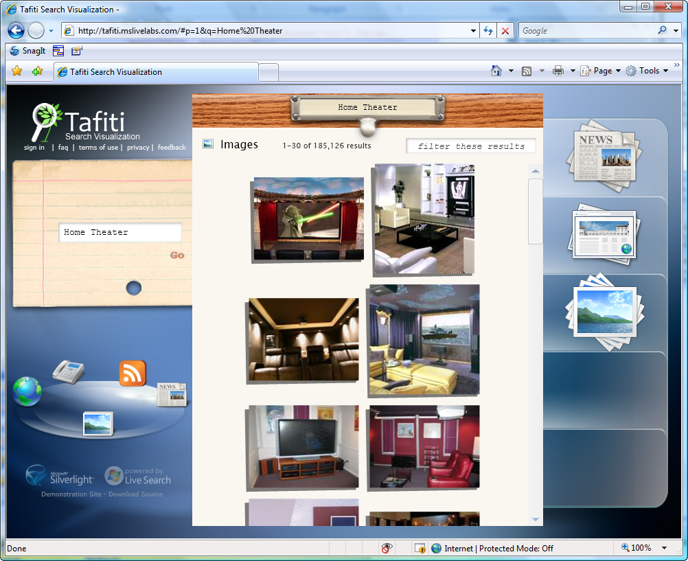 Figure 1: Tafiti integrates Windows Live Search with Silverlight and Windows Live ID to make Web research an engaging experience.