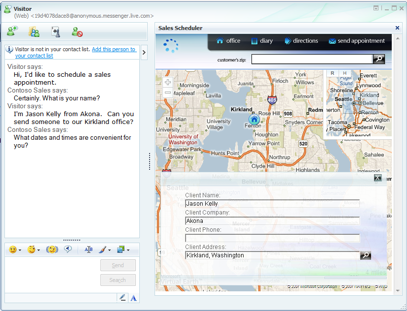 Figure 3: Contoso ISV uses the Windows Live Messenger Activity SDK to integrate Virtual Earth and Windows Live Alerts with Messenger.