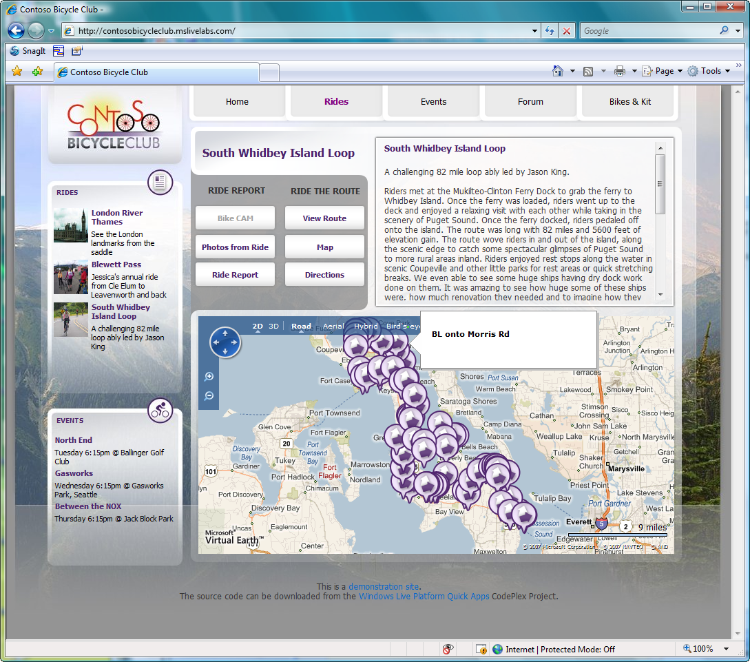 Figure 4: Contoso Bicycle Club mixes content from Windows Live Spaces with geo-tagged data from Live Search Maps to show the route of a bicycle ride.