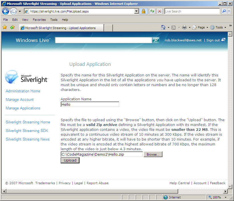 Figure 2: Uploading the application to Silverlight Streaming.