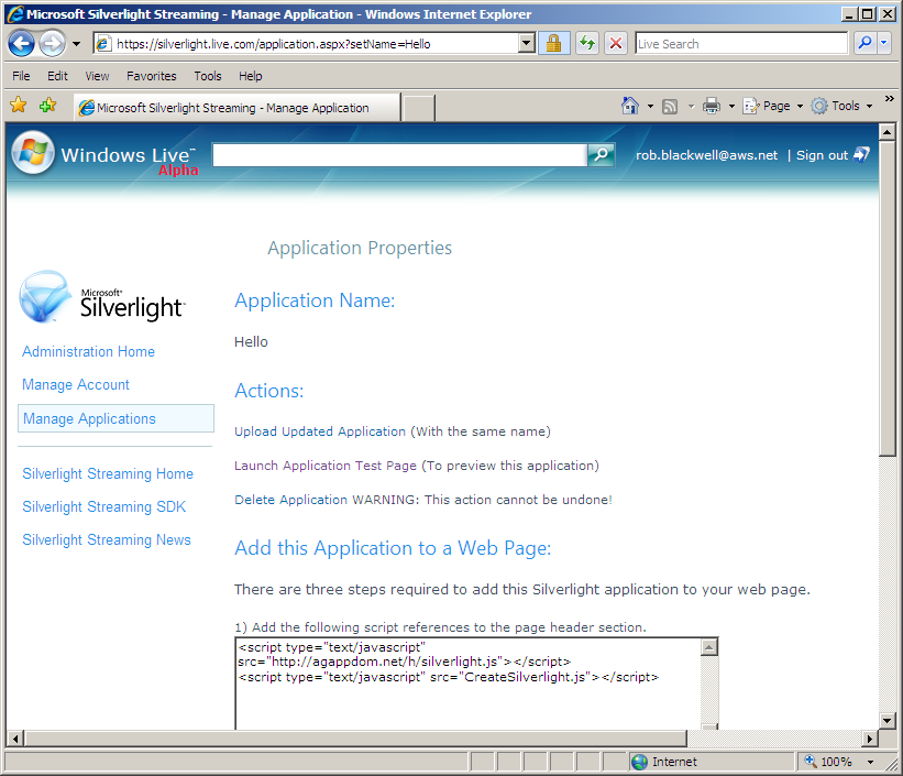 Figure 3: Having uploaded your application, test links and sample code are automatically created.