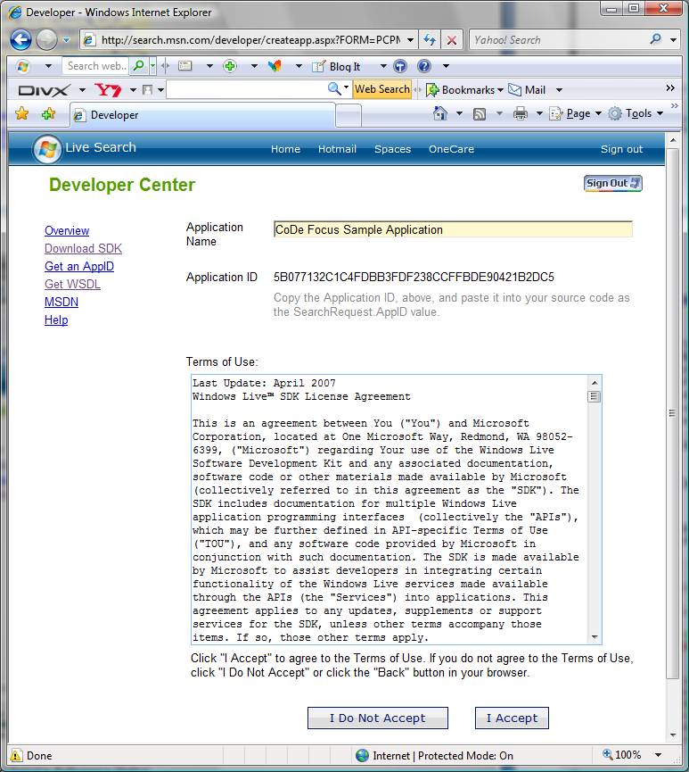 Figure 3: Developer Center page to get an Application ID.
