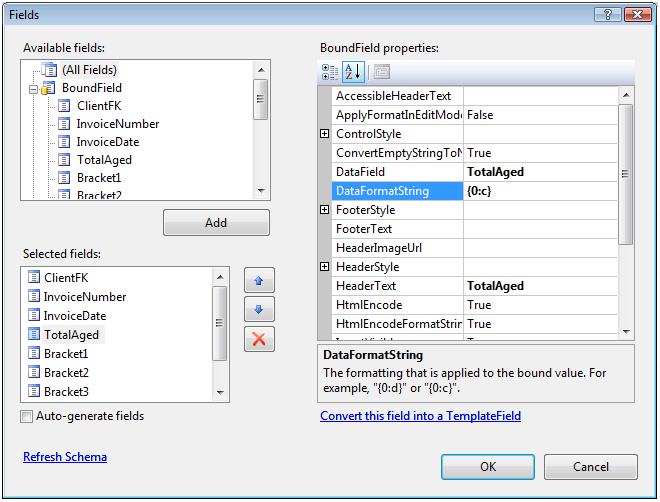 Figure 9:  After you define the GridView’s Data Source, you can modify the generated columns. 