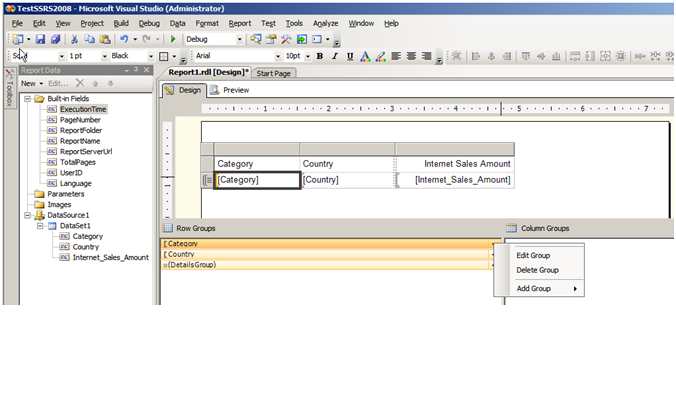 Figure 3:  New SSRS 2008 report designer: Report Data on the left and row/column groups below.