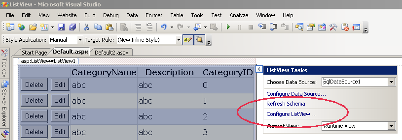 Figure 1:  Select Configure ListView for ListView configuration options.