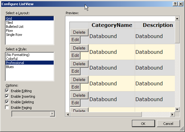 Figure 2:  ListView configuration options include selecting a layout, style, data updating options, and paging.