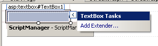 Figure 7:  When Visual Studio 2008 detects extenders are present for a control, Add Extender is added to the Smart Tag options..