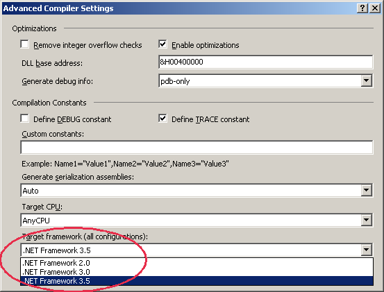 Figure 15:  For Visual Basic Web application projects you can specify the target framework on the Advanced Compiler Settings dialog box.