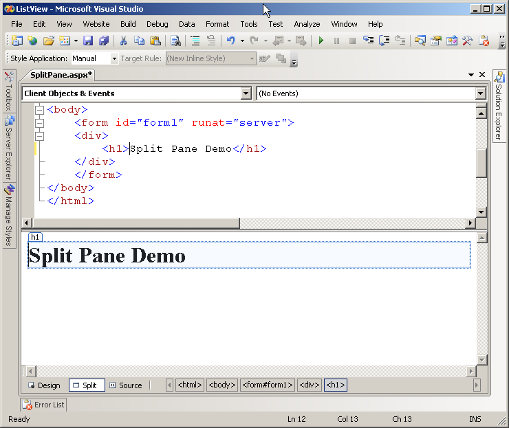 Figure 16:  The Split pane enables you to see the HTML source and Design surface at the same time.