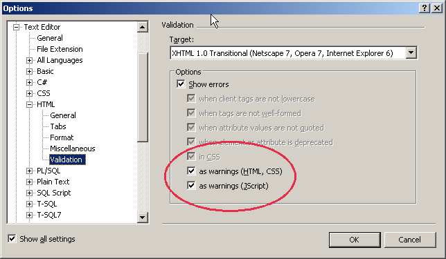 Figure 18:  Select the option for HTML and CSS warnings to stop getting them listed as errors.