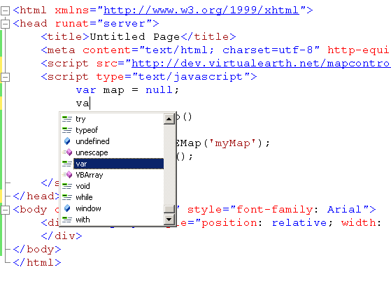 Figure 19:  IntelliSense displays JavaScript keywords and types.